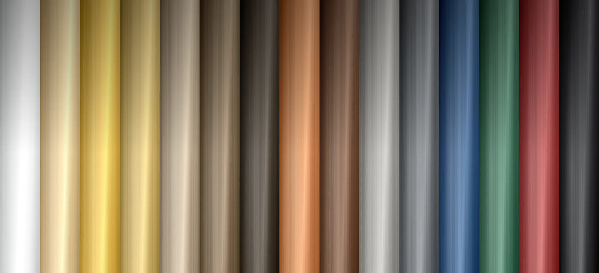 The Lorin anodised aluminium colour range shown as vertical coil samples, from Silver White to BlackBrite