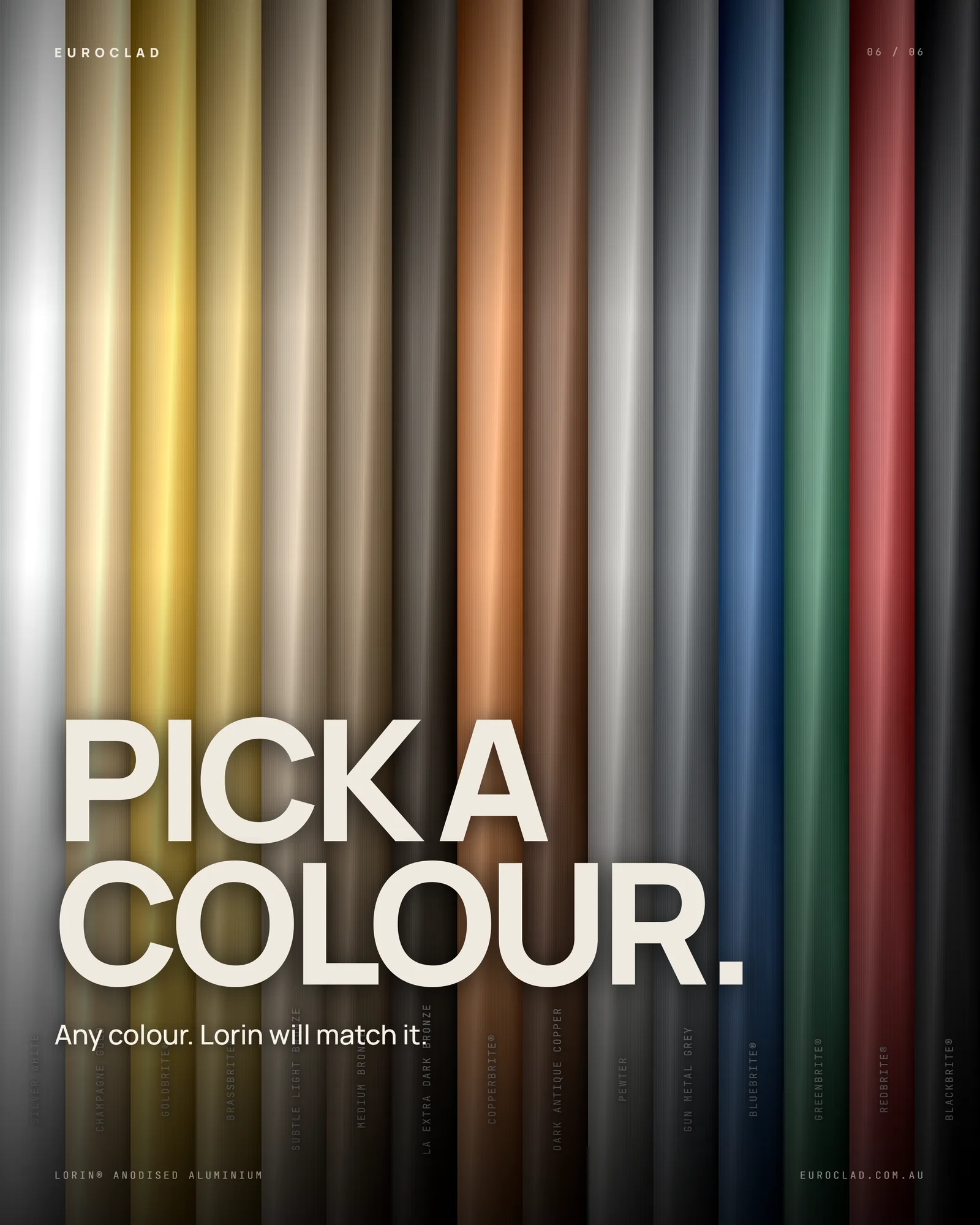 The Lorin anodised aluminium palette from Silver White to BlackBrite shown as vertical coil samples
