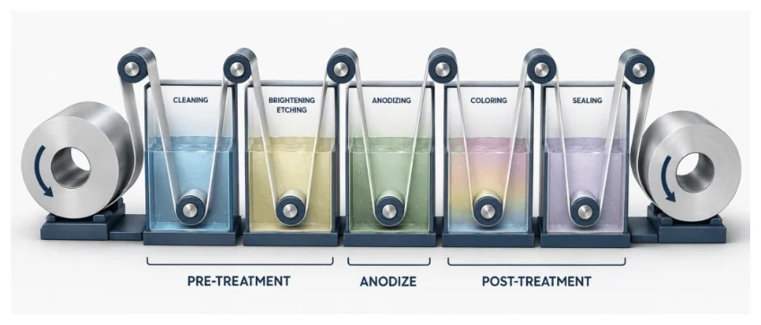 Lorin continuous coil anodising line: cleaning, brightening and etching, anodising, colouring and sealing baths between two aluminium coils